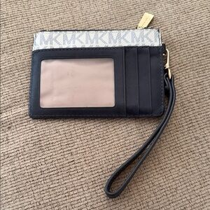 Michael Kors Black and Ivory Logo Wristlet Card Case with Gold Hardware